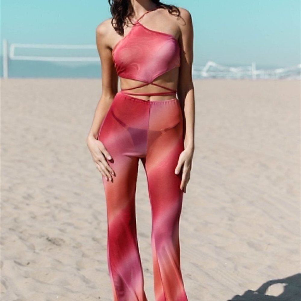 Pink Multi Color Tie-Dye Mesh Halter Neck Lace Down Back Wrap Top & Flare Pant S